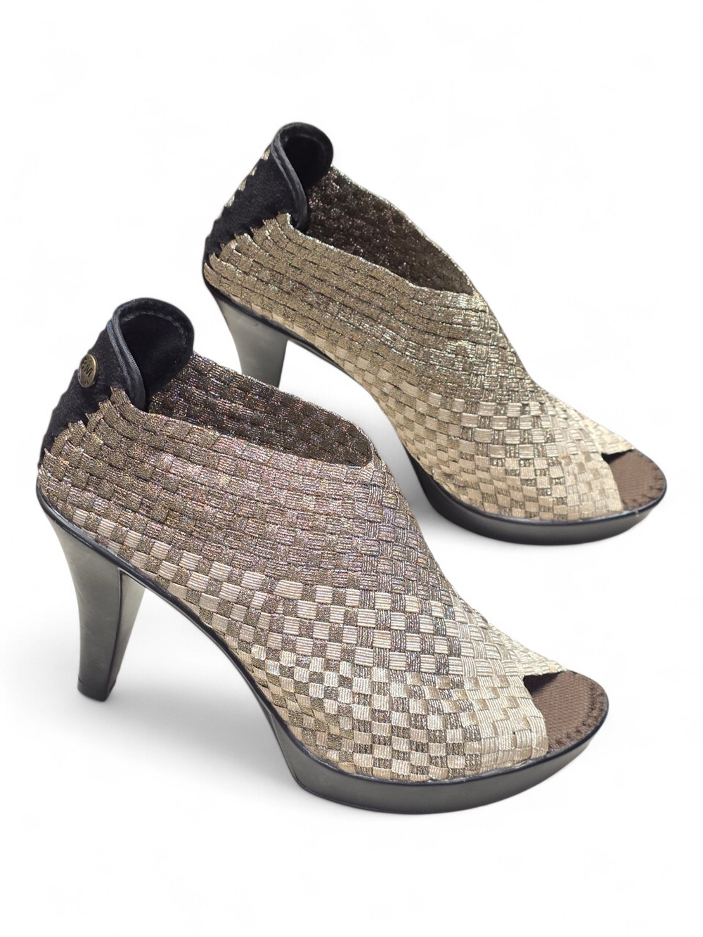 NEW Bernie Mev Chesca Golden Bronze Woven High Heel Booties Size 39 / 8.5